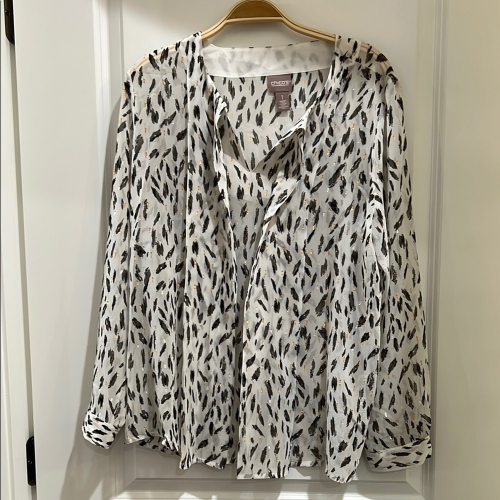 Chico's White, Black and Gold Long Sleeve Blouse
